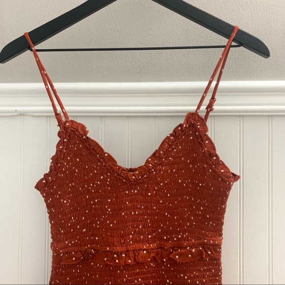 OLIVACEOUS Orange Smocked Ruffle Rib Knit 100% Rayon Bodycon Mini Dress Small - Picture 4 of 13